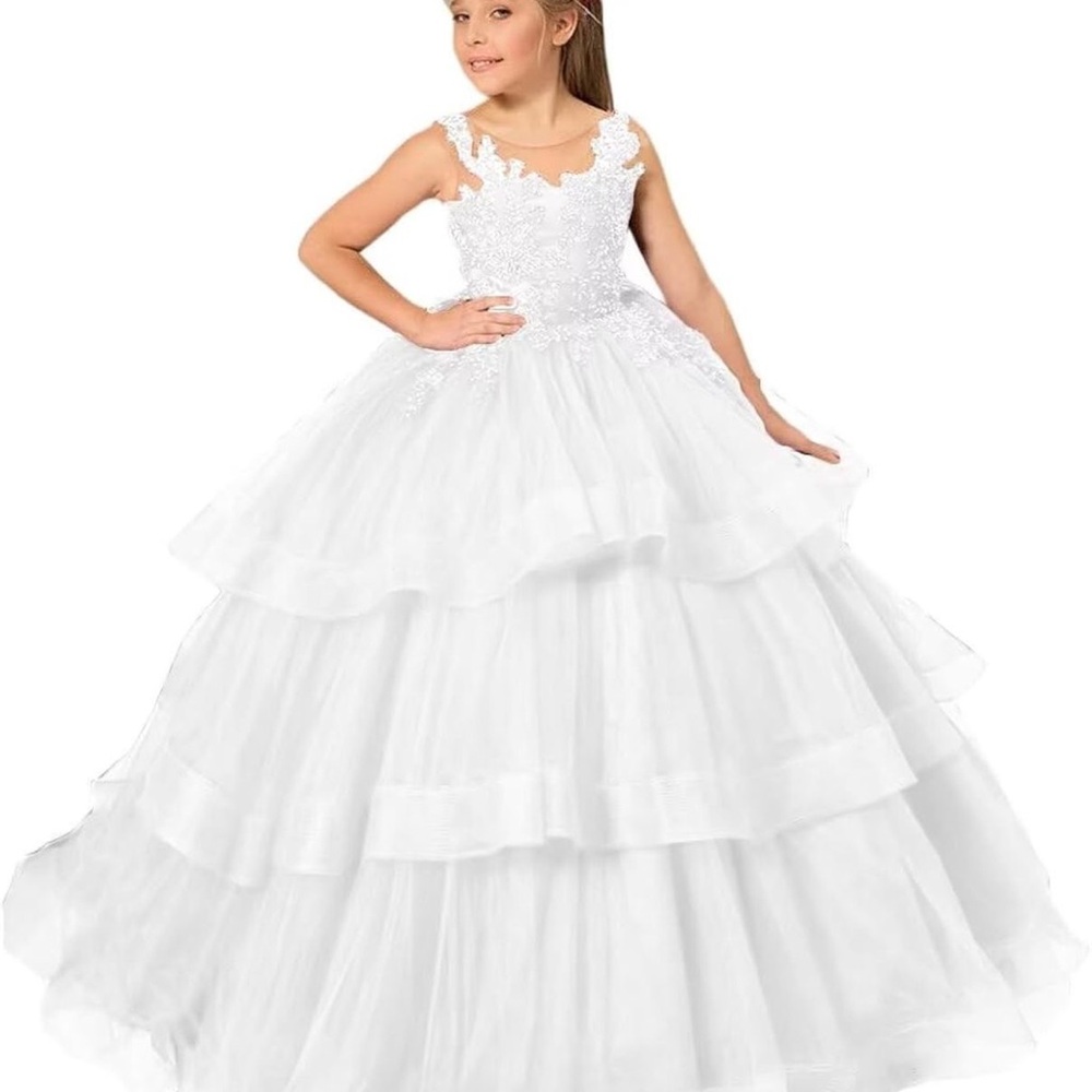 Elegant White Layered Flower Girl Gown NWT